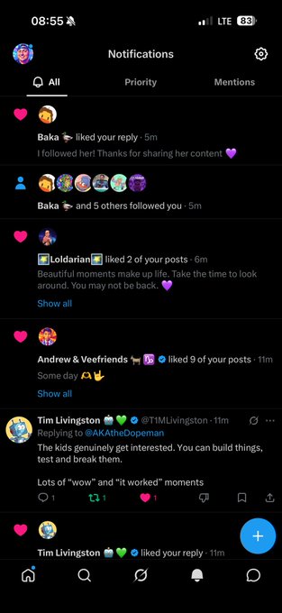 A mobile app notifications screen showing messages including 'Baka liked your reply,' '@Loldarian liked 2 of your posts,' 'Andrew & Veefriends liked 9 of your posts,' and a post by 'Tim Livingston' replying to '@AKAtheDopeman' that reads 'The kids genuinely get interested. You can build things, test and break them. Lots of "wow" and "it worked" moments.'