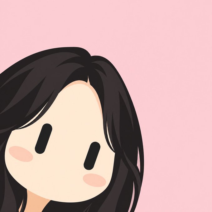 A simple digital illustration of a cute character with long black hair, oval black eyes, and pink cheeks against a solid pink background.
