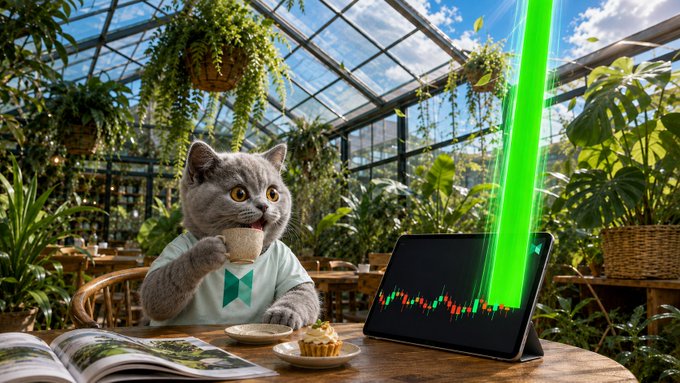 An AI-generated image shows a gray cat wearing a white and teal shirt, drinking from a teacup at a table, while a tablet displays a financial chart with a bright green laser shooting upward.