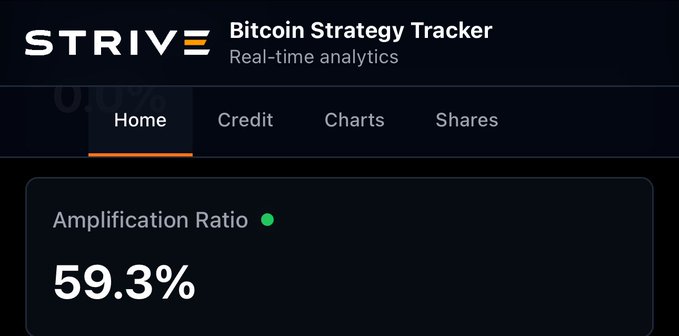 The image shows a screenshot of a website called "Strive" with a focus on the "Bits" section, which displays information about Bitcoin strategy tracking tools. The text on the screen reads "59.3% amplification When Bitcoin moves, in the words of Dr. Emmett Brown... You’re gonna see some serious shit." This message is related to the image and emphasizes the importance of understanding Bitcoin's movement when making investment decisions.