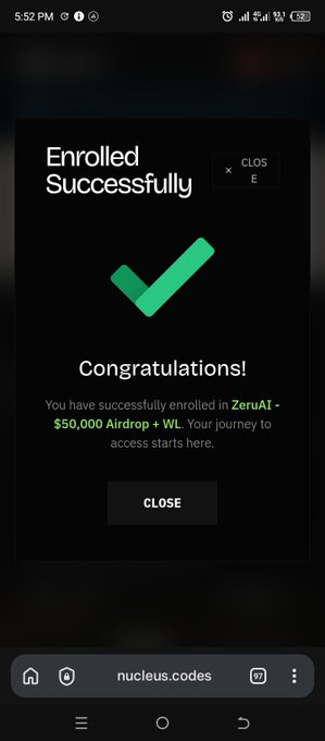 A smartphone screenshot showing a success popup reading 'Enrolled Successfully' and 'Congratulations! You have successfully enrolled in ZeruAI - $50,000 Airdrop + WL,' visited via nucleus.codes.