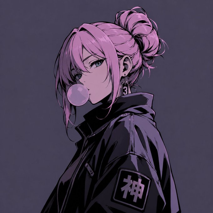 An anime-style illustration of a pink-haired girl blowing a bubblegum bubble, wearing a black jacket with the kanji "神" (god) and the number "3" on her earring.