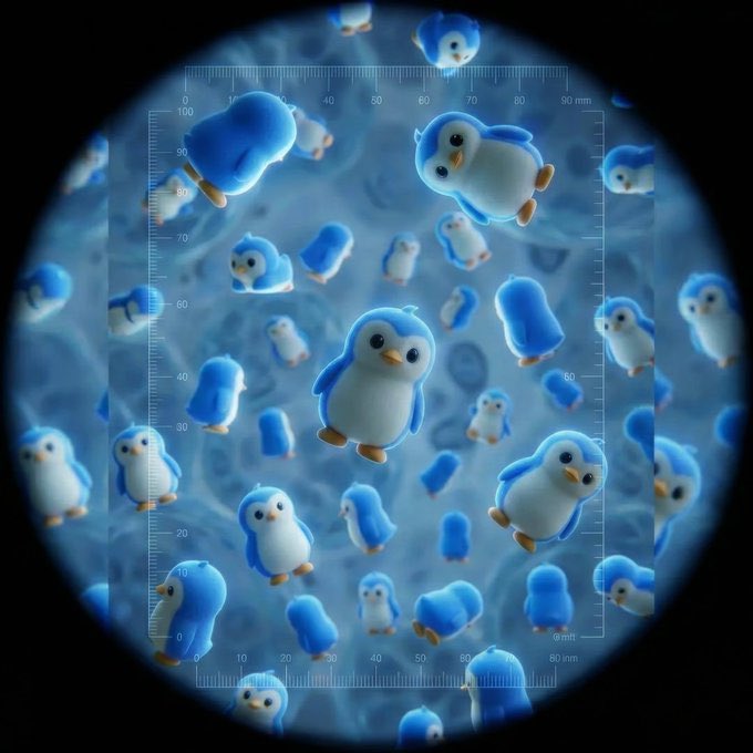 Multiple blue and white cartoon penguins floating against a blue background, viewed through a circular lens with a measurement scale overlay in millimeters.