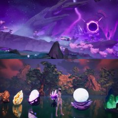 A colorful fantasy landscape shows glowing white spheres and small figures in a reflective body of water beneath a swirling purple sky and large celestial shapes.