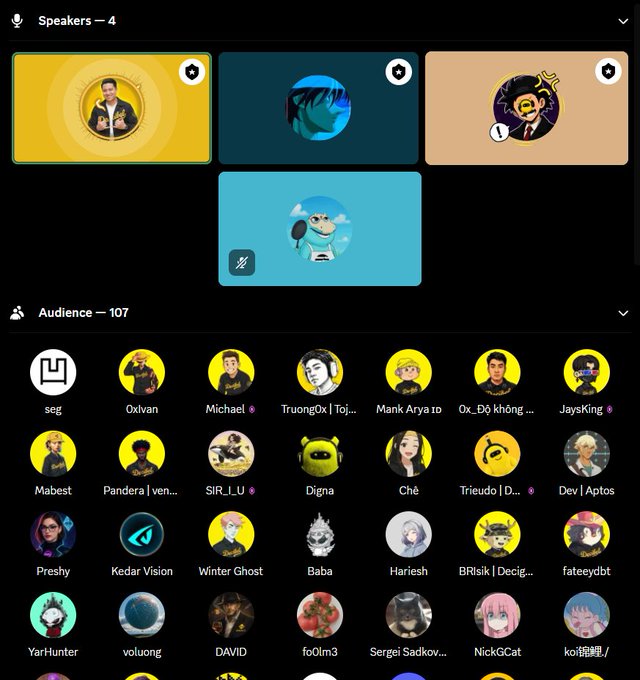 The image is a screenshot of a social media app with several different profiles displayed, each representing various individuals or groups. The app has icons placed below each profile for easy identification. Additionally, there are two different videos shown at the top side of the screen which appear to be related to the app's theme.

In this particular case, it seems like a community of people with whom users can interact and share content. The user interface includes buttons for navigation, and the posts feature a variety of information such as names, bio descriptions, and short captions. 

The post at hand is titled "Live with @angelataptos , @alex_aptos ... & what's next" which appears to discuss recent activities or events on the app, possibly related to a specific community member or activity.
