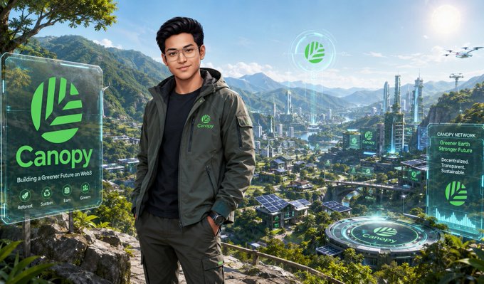 A smiling man wearing a "Canopy" branded jacket stands in a futuristic green valley city featuring the Canopy logo and signage reading "Canopy - Building a Greener Future on Web3" alongside a "Canopy Network" data display. The image visually echoes the post's theme by depicting Canopy's vision of a self-sustaining modular ecosystem, where the chain retains ownership of execution while relying on an external data availability layer, much like the futuristic cityscape appears self-contained yet dependent on interconnected green infrastructure.