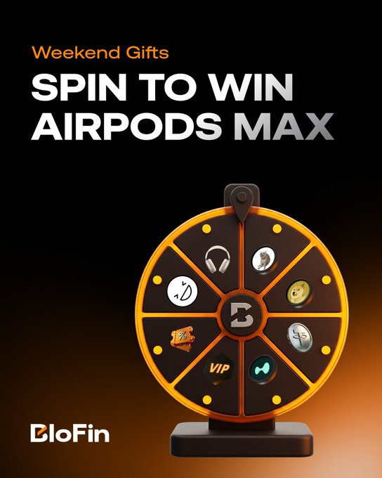The image is a promotional graphic featuring a glowing orange prize wheel with "Weekend Gifts – SPIN TO WIN AIRPODS MAX" displayed prominently, alongside the BloFin logo. The post announces BloFin's Lucky Spin event running until August 3, where every trade gives users a chance to win AirPods Max and other token rewards, visually reinforced by the spinning wheel imagery.