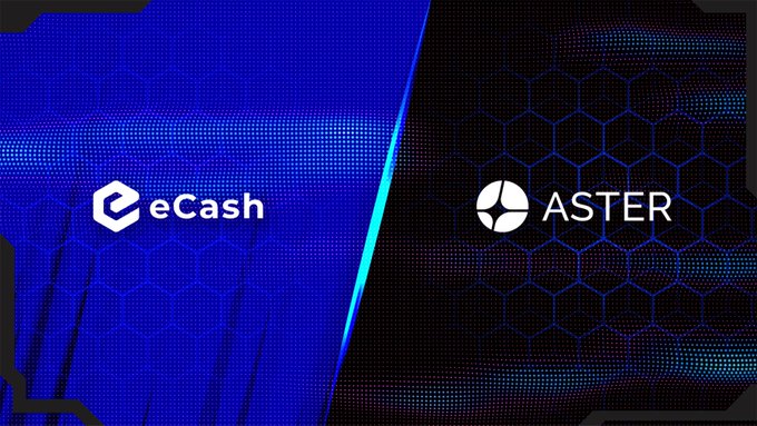 A promotional graphic split into two halves: the left side features the eCash logo on a blue hexagonal background, while the right side displays the ASTER logo on a dark hexagonal pattern. The image announces eCash ($XEC) being listed on Aster DEX for perpetual trading against USDT.
