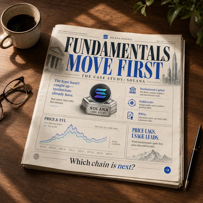 The image shows a newspaper-style publication titled "Fundamentals Move First: The Case Study: Solana" by Solana Insights, dated May 2025, featuring headlines about institutional capital, stablecoins, and RWAs alongside a "Price & TVL" chart illustrating how price lags behind fundamentals. The post's emphasis on evaluating institutional capital and fundamentals before price aligns with the publication's central thesis, reinforced by the tagline "Price lags, usage leads" and the concluding question "Which chain is next?"