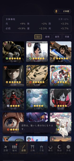 A screenshot of a mobile game character roster interface in Japanese, showing various character portraits at Lv.40 and Lv.35, with tabs for 全体強化 (overall strengthening) and 天井 (ceiling) stats displayed at the top.