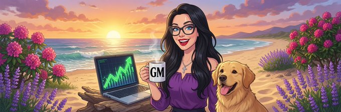 A stylized illustration of a woman with glasses holding a 'GM' coffee mug on a beach at sunset, with a laptop showing a rising green stock chart, a golden retriever, and pink flowers.