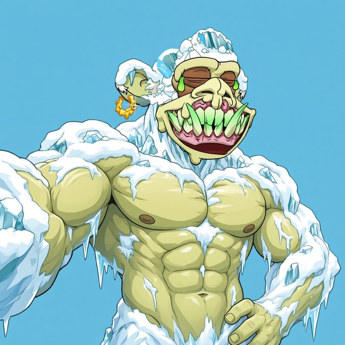 A cartoon illustration of a muscular, monstrous yellow creature with green fangs, covered in snow and icicles, wearing a small candy cane-shaped earring on a light blue background.