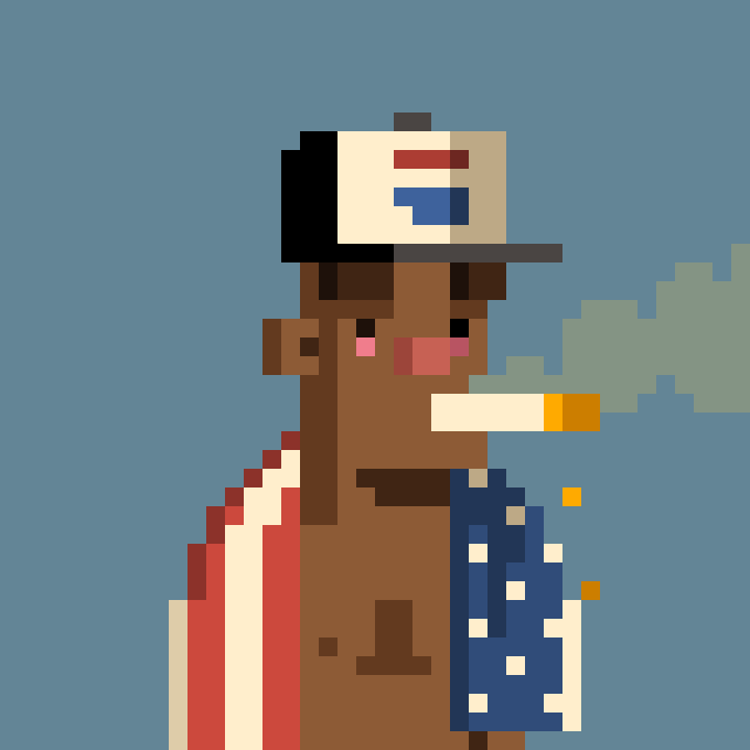 A pixel art illustration of a dark-skinned character wearing a cap, an open red and white jacket, and a blue shirt, smoking a cigarette against a blue background.