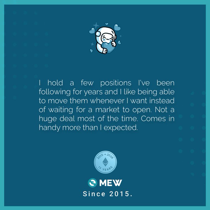 A promotional quote card with teal background featuring a cute cartoon character hugging a heart, with text: 'I hold a few positions I've been following for years and I like being able to move them whenever I want instead of waiting for a market to open. Not a huge deal most of the time. Comes in handy more than I expected.' and 'eMEW Since 2015' with an '11 YEARS' badge.