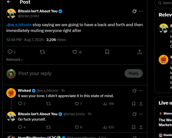 A Twitter/X thread showing a heated exchange between users 'Bitcoin Isn't About You' (@brian_trollz) and 'Wicked' (@w_s_bitcoin), featuring vulgar replies and mentions of muting.