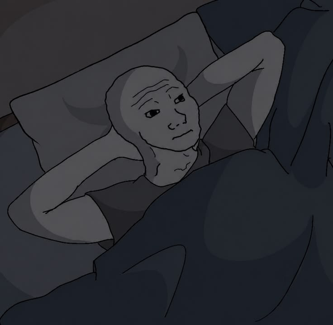 An illustration of a bald, melancholy figure lying in bed with hands behind their head, partially covered by dark gray blankets in a dimly lit room.