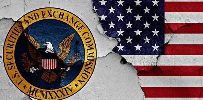 The image features the seal of the **U.S. Securities and Exchange Commission (SEC)** alongside a distressed American flag, with the Roman numerals "MCMXXXIV" (1934) visible on the seal, symbolizing the agency's founding year. The imagery visually reinforces the post's breaking news about the SEC convening to discuss a new crypto regulatory framework, highlighting the intersection of U.S. federal oversight and digital asset policy.