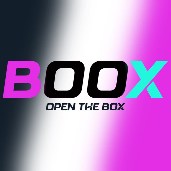 The image features a logo for a company named "BOO X", which stands out with its black and white color scheme, purple and pink colors, and the word "BOO" written in large letters at the top of the image. The background is a gradient of purple and pink hues that transitions from left to right across the image. The text "BOO X" is positioned above the logo, while the phrase "Open the box" is written below it. This combination of colors and text creates an eye-catching and memorable logo for the company.