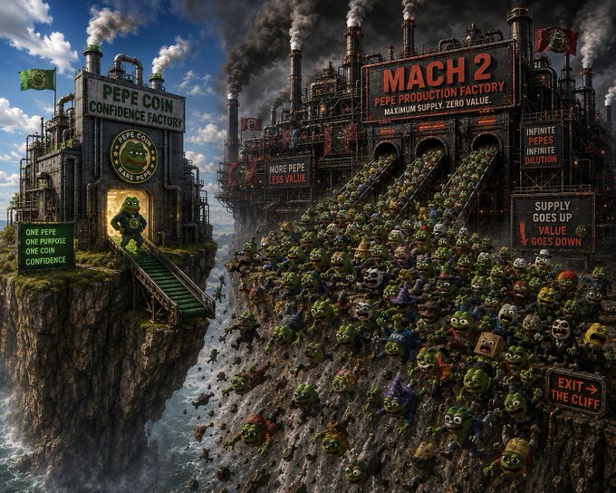 A satirical AI-generated illustration contrasting the 'PEPE COIN CONFIDENCE FACTORY' on a small cliff with a massive 'MACH 2 PEPE PRODUCTION FACTORY' spewing countless Pepe memes into a chasm, with signs reading 'SUPPLY GOES UP VALUE GOES DOWN' and 'EXIT THE CLIFF.'