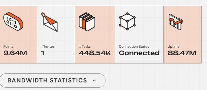 A dashboard interface displays metrics: Points (9.64M), #Invites (1), #Tasks (448.54K), Connection Status (Connected), and Uptime (88.47M), with a "BANDWIDTH STATISTICS" dropdown below.