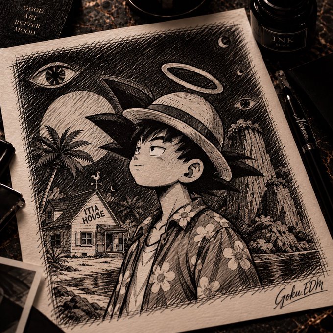 A detailed black and white ink drawing on paper depicts an anime character with spiky hair wearing a straw hat, set against a background of a beach, house, palm trees, and a large eye, with an ink bottle and pens nearby.