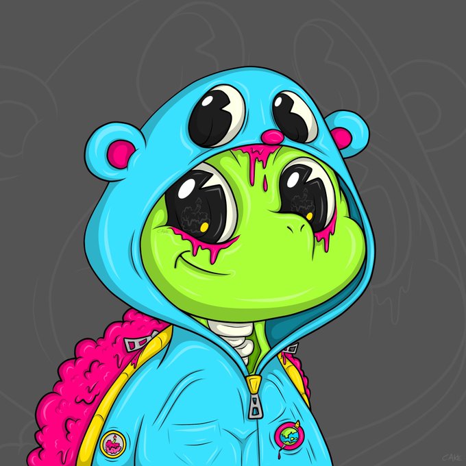 urn of pink and blue flowers, with a green frog wearing a blue hoodie and face paint, against a black background.