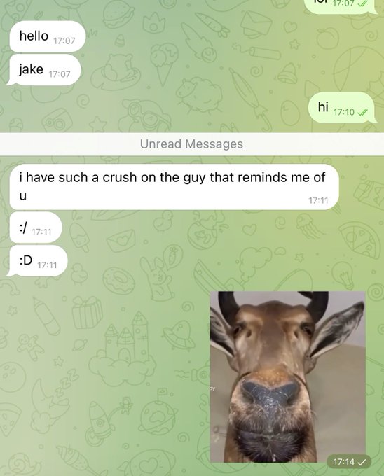 A WhatsApp conversation where someone named Jake confesses "i have such a crush on the guy that reminds me of u," followed by the recipient responding ":D" and sending a close-up photo of an antelope's face—jokingly suggesting that Jake's crush resembles the animal, fitting the post's playful "update WOMEN.." caption.