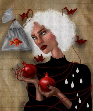 An illustrated artwork of a woman with white hair holding two pomegranates, with a bag of goldfish, red cranes, and red threads against a textured tan background.