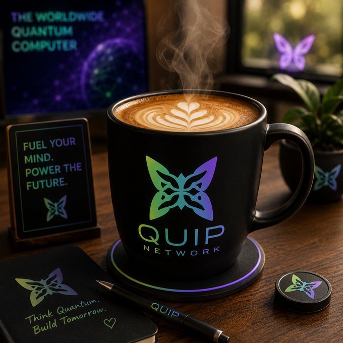 A product photo for Quip Network featuring a black coffee mug with latte art, a coaster, notebook, and pen, alongside text reading 'THE WORLDWIDE QUANTUM COMPUTER' and 'Fuel your mind. Power the future.'