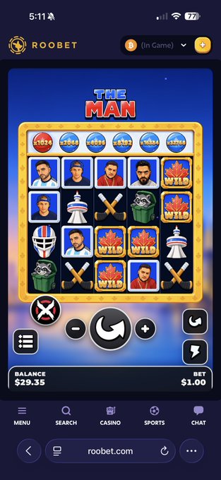 A mobile screenshot of a slot machine game called 'THE MAN' on the RooBet gambling platform, showing a $1.00 bet and a balance of $29.35.