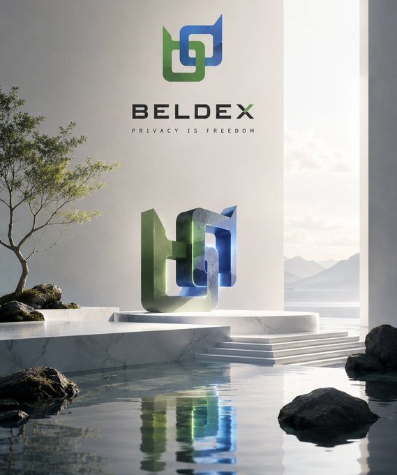 A 3D-rendered logo for 'BELDEX' with the tagline 'PRIVACY IS FREEDOM' displayed above a stylized 'b' sculpture on a marble platform beside a reflective pool.