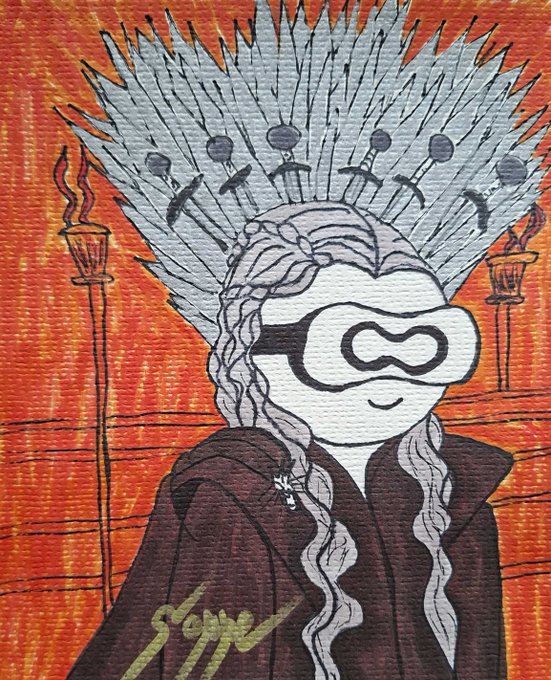 A stylized illustration depicts a figure with long braided hair, a VR-style visor, and an elaborate spiky headdress resembling swords, set against a fiery orange background with torches, while wearing a dark robe with gold script. The piece evokes a futuristic or gaming-themed aesthetic, likely representing the complex, often unseen "journey" of data that @get_optimum addresses through its technology.