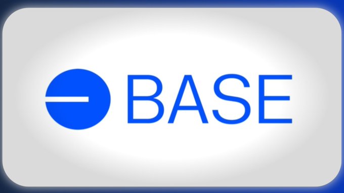 The image shows the Base logo—a blue circle with a white horizontal line—alongside the word "BASE" in blue text on a white rounded rectangle background. This visual aligns with the accompanying post promoting Base as a consumer-friendly blockchain ecosystem designed to simplify onboarding and drive global crypto adoption, with the $BASE token ticker.