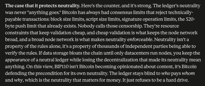 A block of text arguing that BIP110 defends Bitcoin's neutrality by preserving cheap node validation, with the caption "Pro BIP110 argument that I like." The text explicitly references BIP110 as protecting the precondition for neutrality by rejecting data storage bloat that would centralize nodes in datacenters.