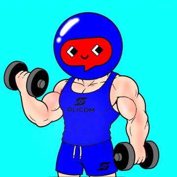 Cartoon blue superhero character with a speech bubble face, wearing a 'OLICOM' tank top and shorts, lifting dumbbells.