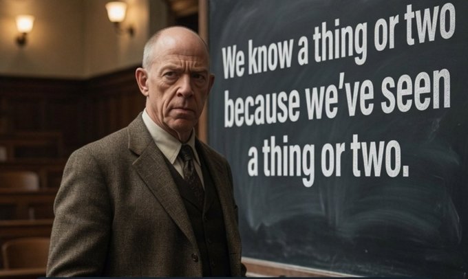 An older bald man in a brown suit standing in front of a chalkboard with the text 'We know a thing or two because we've seen a thing or two.'