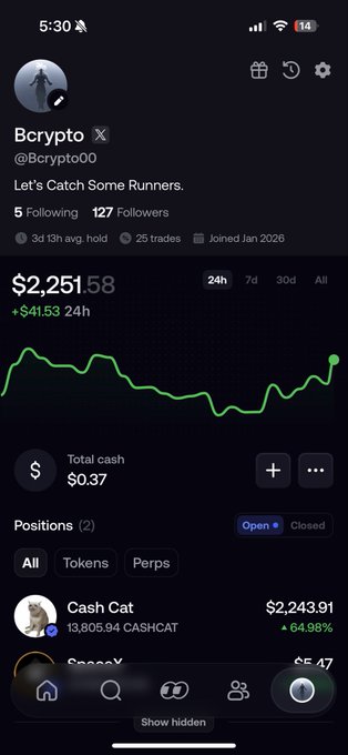 The image shows a cryptocurrency trading portfolio screenshot for user "Bcrypto" (@Bcrypto00) with a bio reading "Let's Catch Some Runners," displaying a total value of $2,251.58 (up $41.53 in 24h), 127 followers, 13h average hold time, and a notable 64.98% gain on a position called "Cash Cat" ($CASHCAT). The image serves as social proof of the account holder's profitable trading performance to support their $SOL giveaway promotional post.