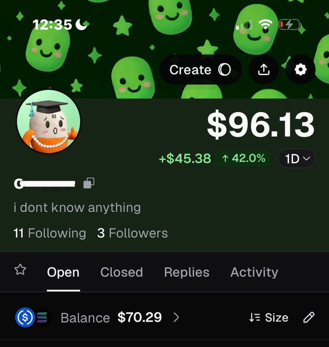 A Robinhood trading profile showing a balance of $96.13, up $45.38 (42.0%) for the day, with the username "i dont know anything" and a balance of $70.29 displayed—visually reinforcing the post's message about recovering from multiple rug pulls by running gains back up.