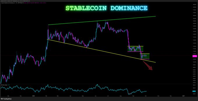 A TradingView chart displays "STABLECOIN DOMINANCE" with a megaphone (broadening) pattern outlined in green and yellow trendlines, showing the price breaking below support with a series of smaller bear flag patterns (highlighted in yellow and green rectangles) and a red arrow indicating projected further downside, illustrating the bullish setup for altcoins described in the caption.