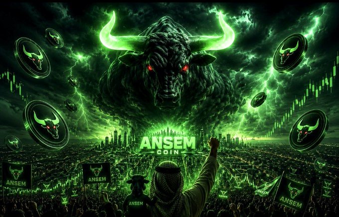 A dramatic green-themed promotional image for 'ANSEM COIN' features a massive bull with glowing green horns and red eyes above a cheering crowd holding ANSEM flags and surrounded by ANSEM coins and stock chart patterns.