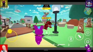 A screenshot from a mobile video game showing a purple character in a colorful 3D world with on-screen control buttons, including a 'PRESS TO ENTER' prompt.