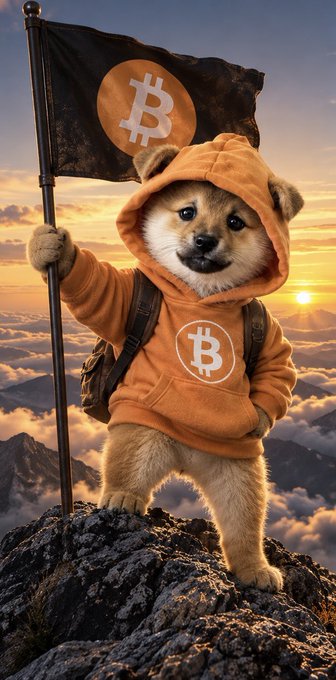 A digitally created image shows a Shiba Inu dog wearing an orange Bitcoin-themed hoodie, planting a black Bitcoin flag on a mountain peak at sunset.