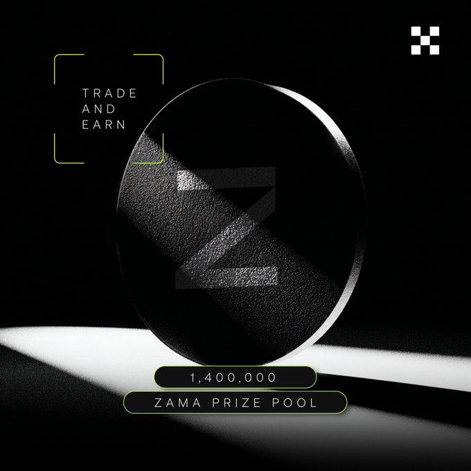 A promotional graphic reading 'TRADE AND EARN' featuring a black Zama token and a '1,400,000 ZAMA PRIZE POOL'.