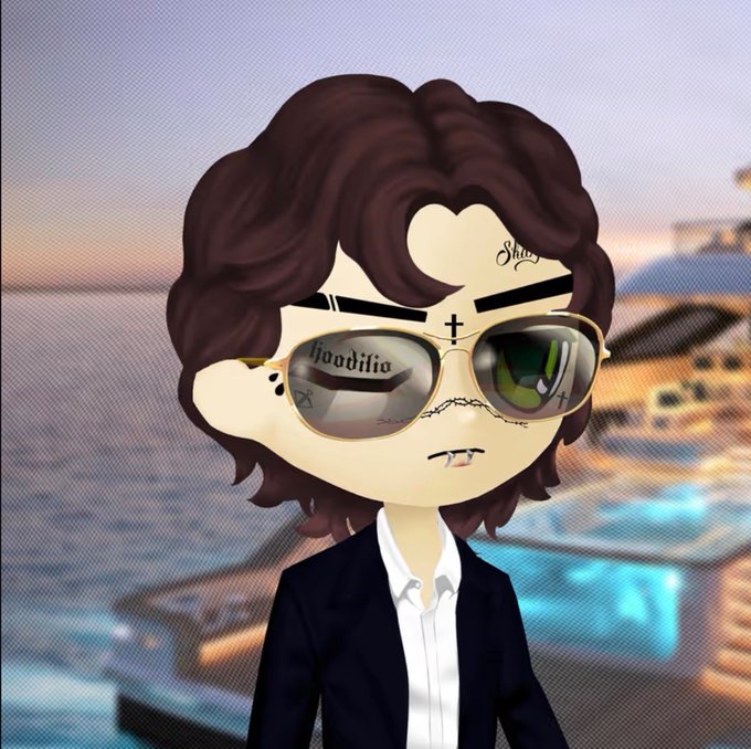 An avatar-style illustration of a character with dark wavy hair, aviator sunglasses reflecting scenery, face tattoos including a cross and 'Good liio', wearing a black blazer over a white shirt with a yacht in the background.
