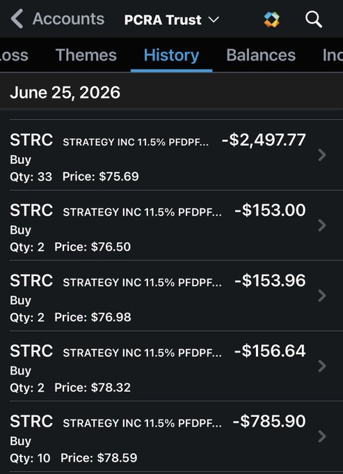 A Robinhood account history screen for 'PCRA Trust' dated June 25, 2026, showing multiple purchases of STRC (Strategy Inc 11.5% PFDPF...) bonds.