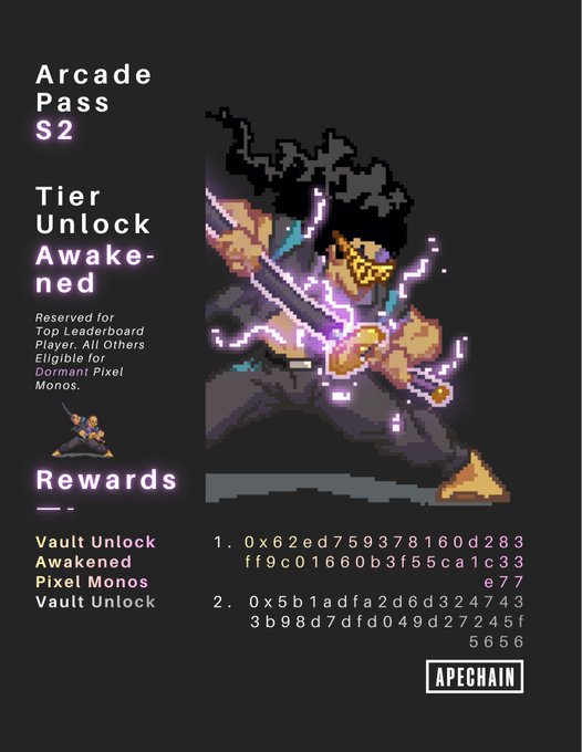 A dark "Arcade Pass S2" digital interface displaying a pixelated warrior character with a sword, labeled "Tier Unlock Awakened" alongside cryptographic rewards for Apechain.