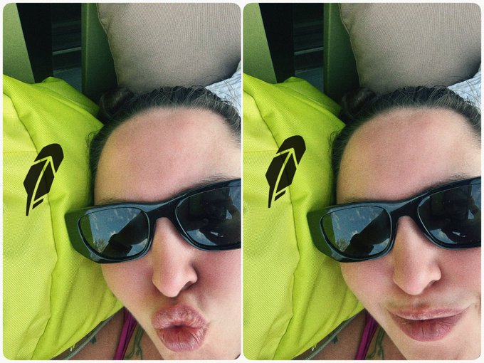 A split image shows a woman wearing black sunglasses and a neon yellow top with a lightning bolt design, puckering her lips in the left frame and smiling in the right frame.