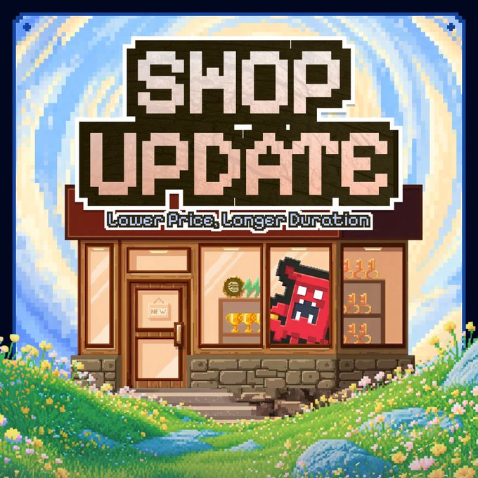 A pixel art storefront features the bold text "SHOP UPDATE - Lower Price, Longer Duration" with a red character displayed in the window, accompanying a post announcing reduced prices and extended durations for Energy Boost and multiplier items priced at 0.1-0.2 SOL.