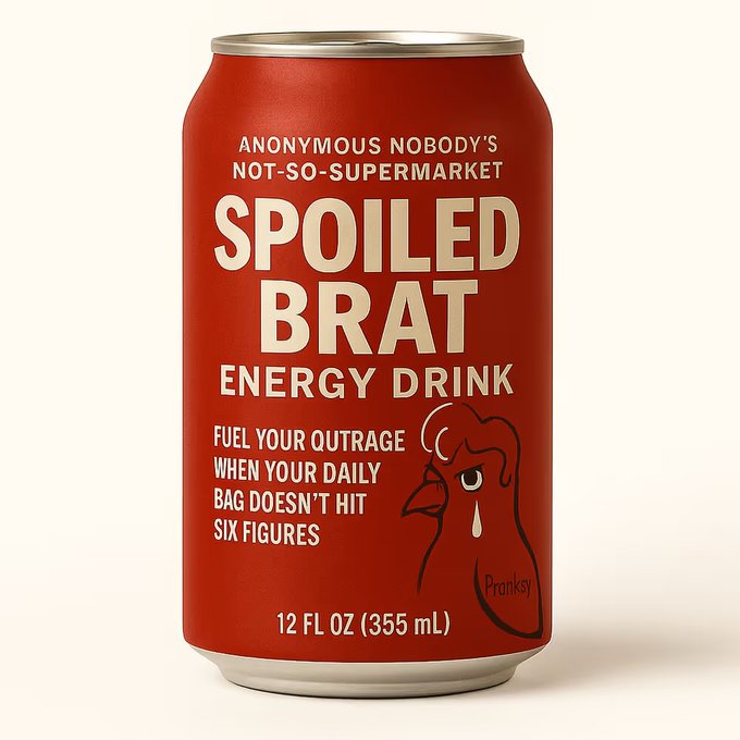 A red can of 'Anonymous Nobody's Not-So-Supermarket Spoiled Brat Energy Drink' featuring a crying chicken illustration and the tagline 'Fuel your outrage when your daily bag doesn't hit six figures.'