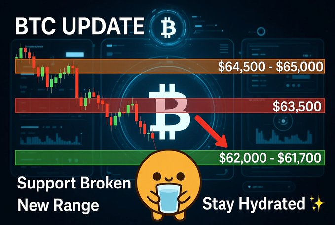 A "BTC UPDATE" graphic shows a Bitcoin price chart with support levels broken, indicating a new range between $61,700-$65,000 and advising viewers to "Stay Hydrated" with a cartoon character holding a glass of water.